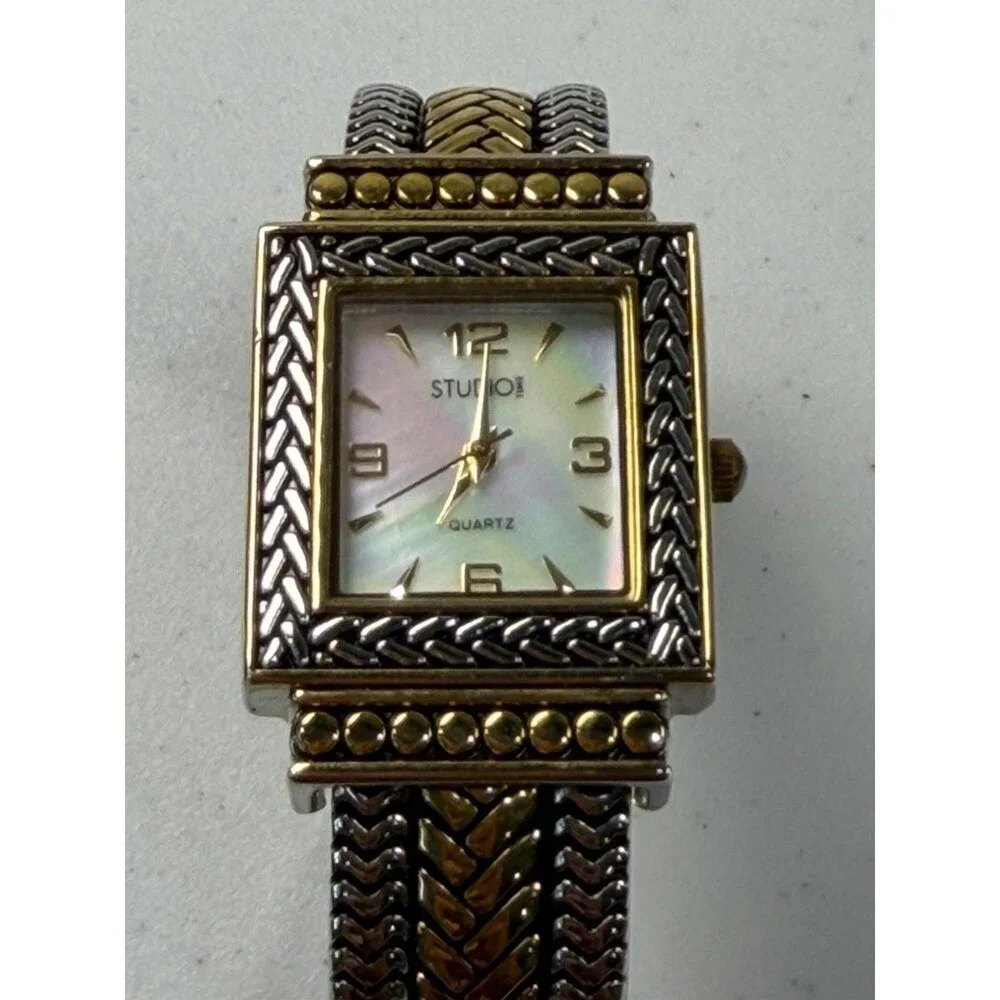 Studio Time Women’s 25mm Quartz Cuff Bangle Watch Two-Tone Mother of Pearl Dial